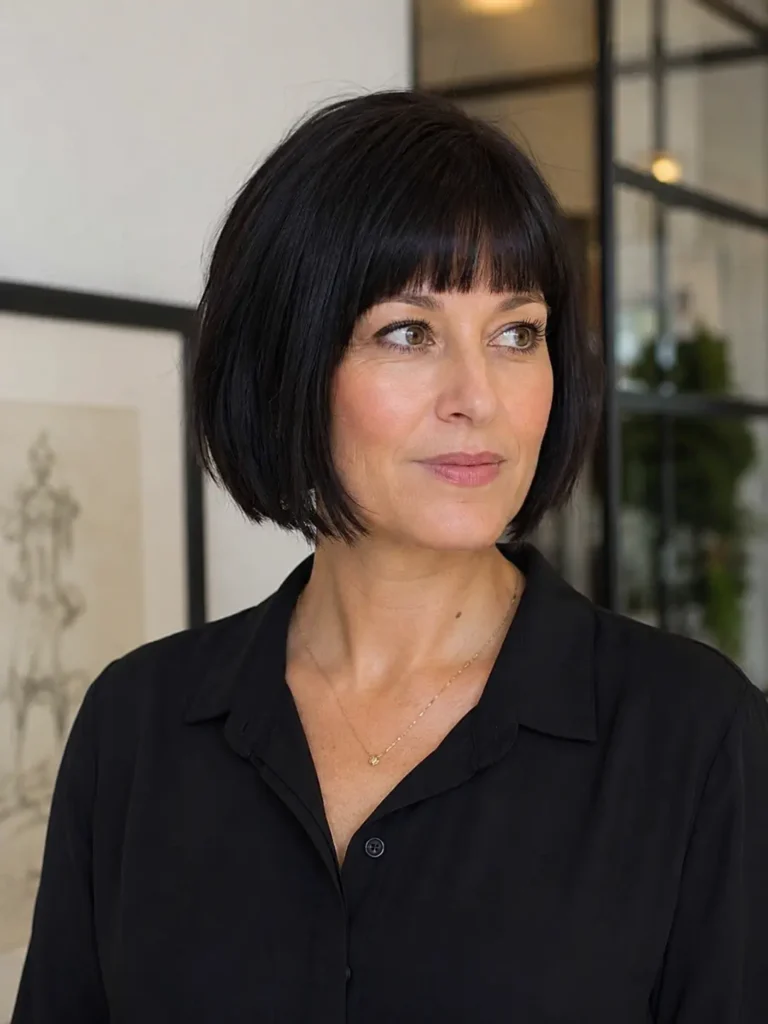 woman aged 30–50 with a jaw-length bob haircut and blunt fringe, featuring sleek black hair and natural makeup. She wears an elegant black blouse
