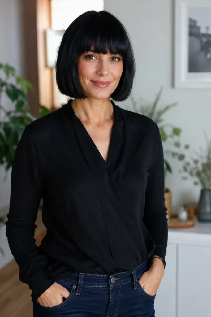 woman aged 28–48 with a jaw-length bob haircut and blunt fringe, featuring sleek black hair and natural facial features. She is wearing an elegant black casual blouse and standing indoors in a modern, softly lit home setting.