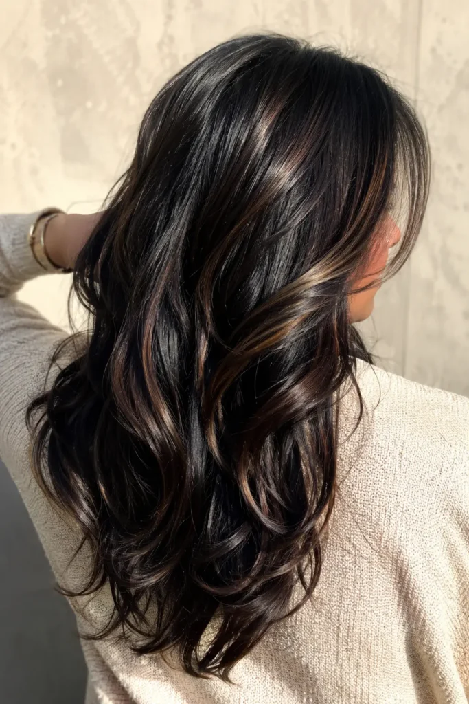 **Alt text:** Real English woman with glossy jet black hair enhanced by warm mocha brown highlights, shown mostly from the back with a slight side profile. Silky, healthy, dimensional hair shines in bright natural sunlight against a soft cream background.
