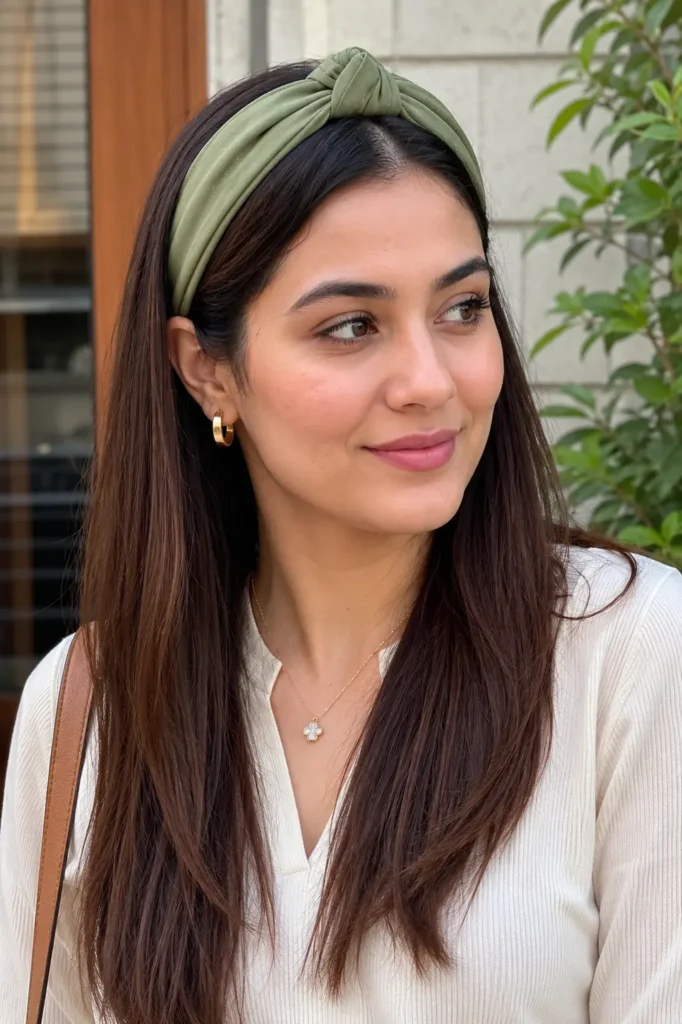 a woman with sleek, straight dark hair styled with a knotted fabric headband in a muted rose color. She has natural makeup, authentic facial features, realistic skin texture, and wears a modern cream casual outfit in soft natural light