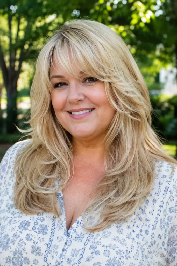 Real English plus-size woman with a layered blowout hairstyle and feathered bangs, featuring creamy vanilla blonde hair with glossy shine and voluminous layers