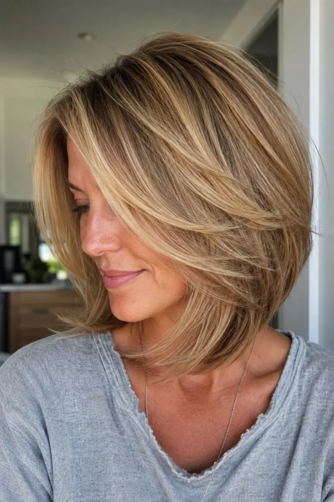 woman aged 30–45 with a layered bob haircut and deep side part. Her soft honey-blonde hair features detailed, feathered layers that frame her face and create natural movement and volume