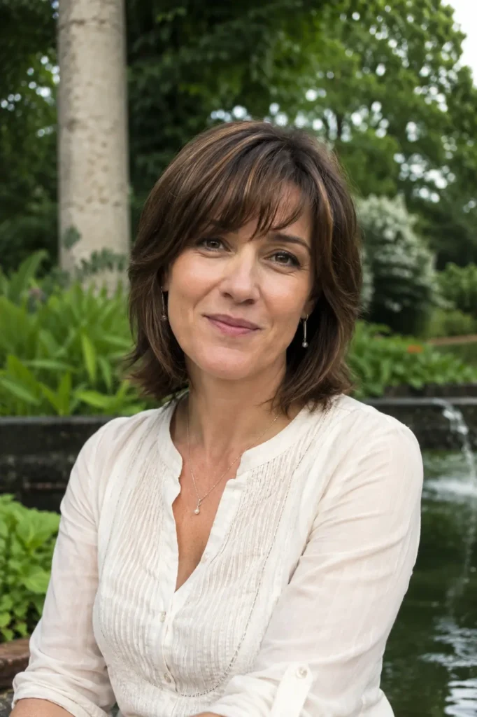 Real woman aged 28–48 with a layered bob haircut and wispy bangs, medium brown hair with soft highlights, wearing an elegant white blouse in a botanical garden. The upper-body portrait showcases realistic skin texture and natural features, with the hairstyle clearly visible