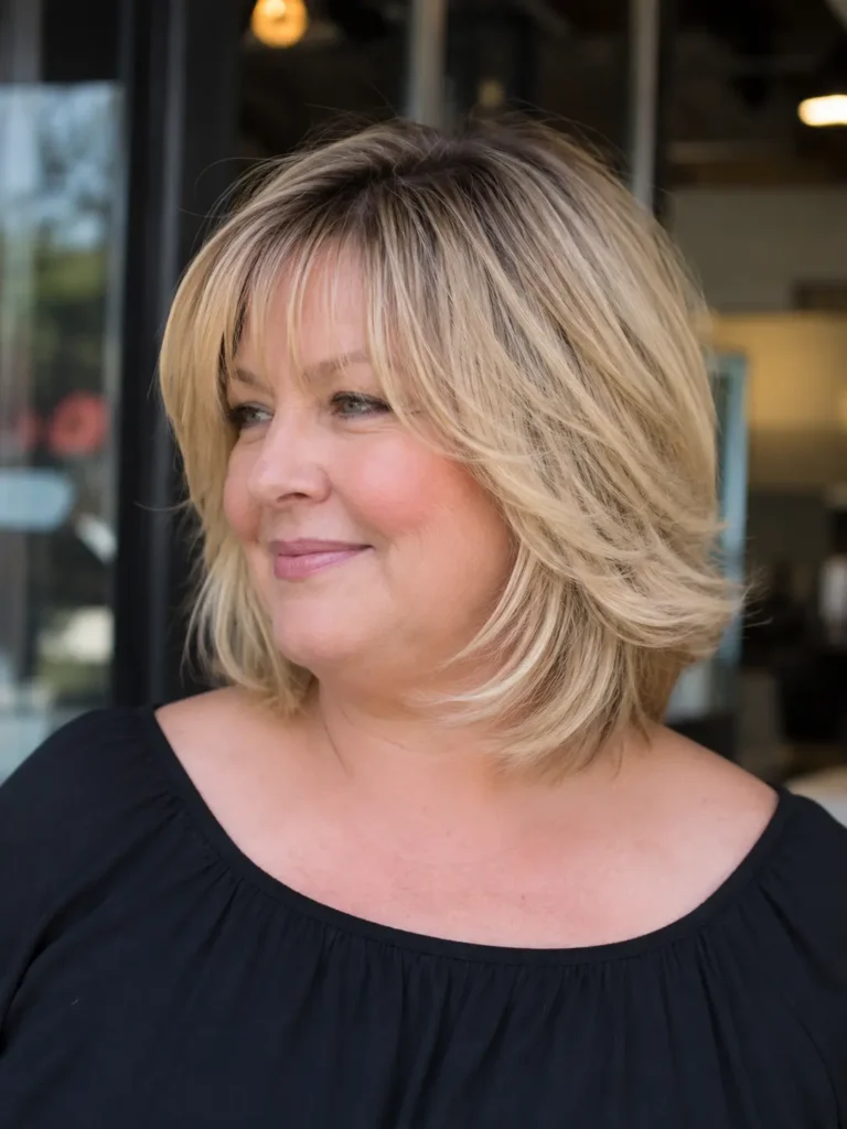 Plus-size English woman with a layered bob haircut and wispy bangs, featuring champagne blonde hair with healthy shine.