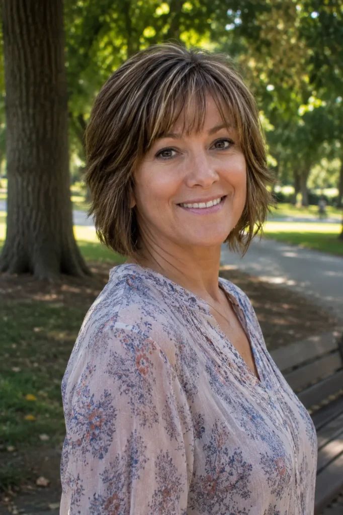 woman aged 30–50 with a layered bob haircut and wispy bangs, medium brown hair with soft highlights, smiling in an outdoor park setting. Upper-body portrait featuring realistic skin texture,