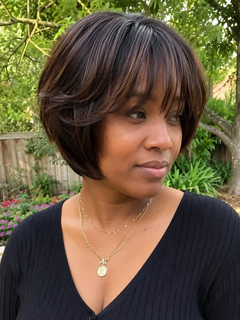 Black woman with a layered bob haircut and wispy bangs, featuring dark brown hair with subtle highlights. She has natural skin texture and wears a casual chic black top while standing in a lush outdoor garden.