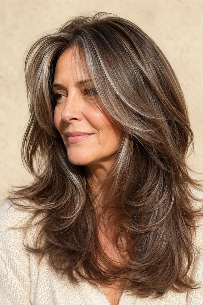 English woman aged 45–60 with layered brown hair and delicate silver accent highlights, featuring glossy, silky strands in bright natural daylight, wearing a cream sweater against a soft beige background.