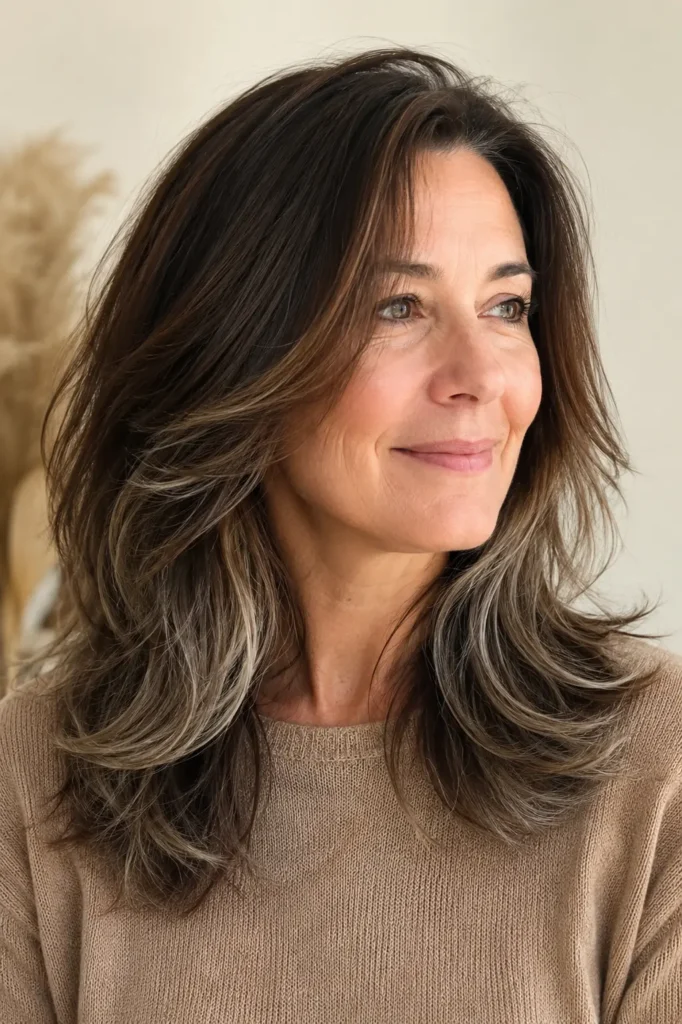 **Alt text:** Real English woman aged 45–60 with layered brunette hair and elegant silver tips, featuring glossy shine, soft movement, and dimensional texture in bright natural daylight against a beige background, wearing a light brown sweater.
