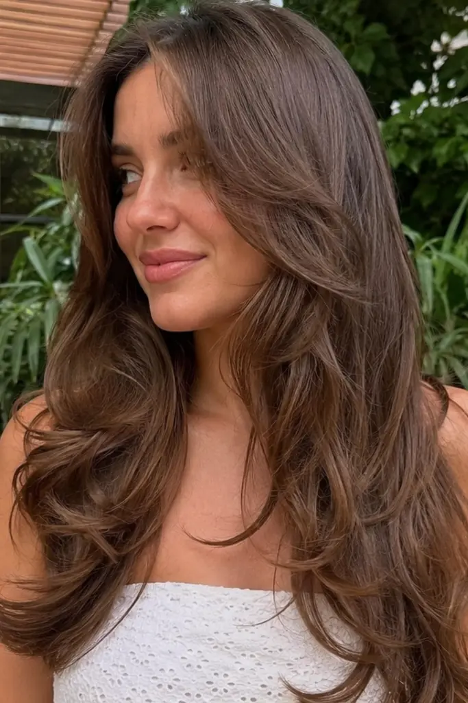 Real English woman with a light brunette butterfly haircut featuring cascading layers and soft volume, photographed outdoors in a summer garden setting