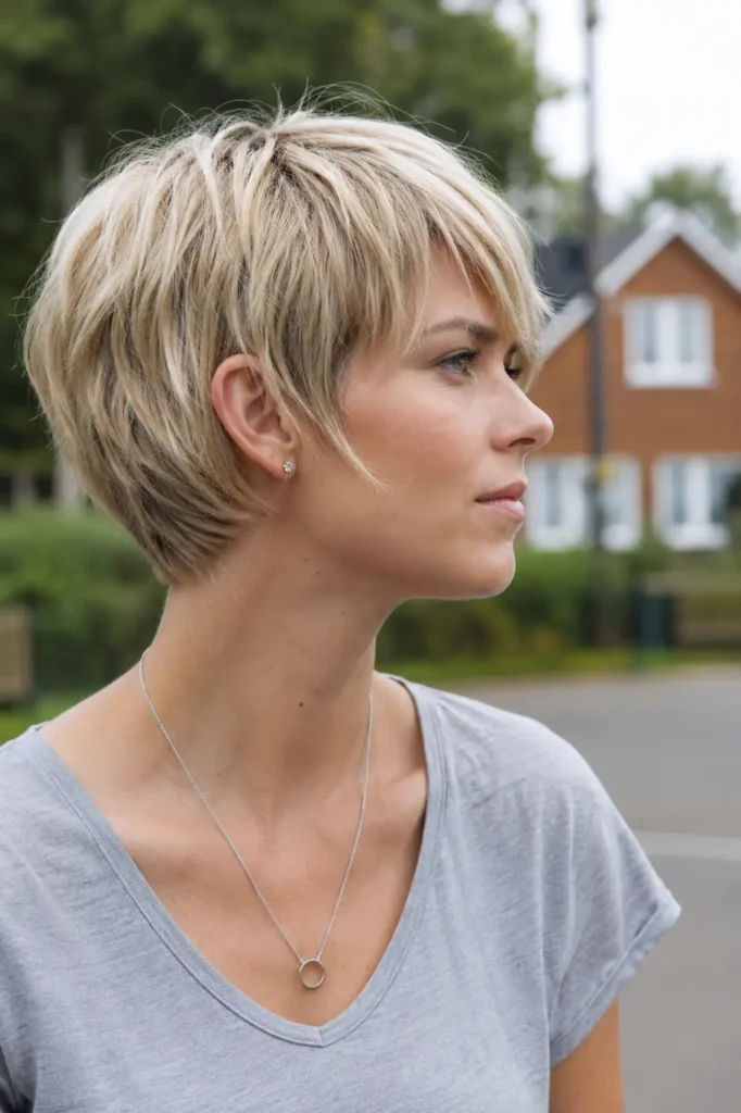 Layered crop haircut with fringe on a blonde woman with an oval face in natural daylight.
