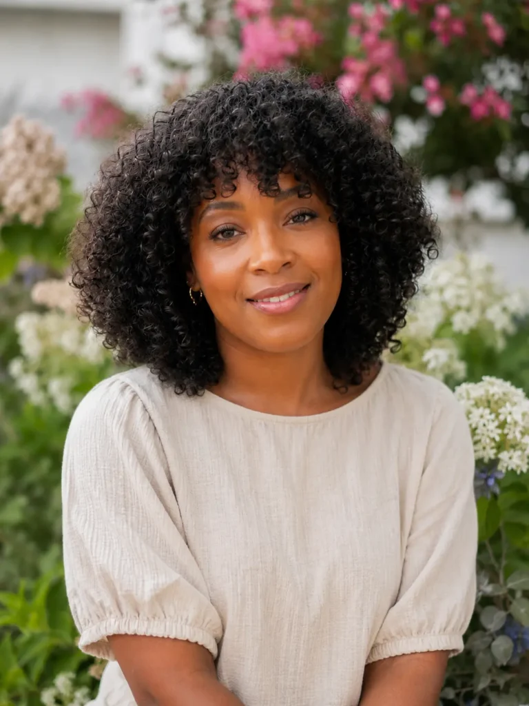 **Alt Text:**
Black woman with a layered curly bob haircut and curly bangs, showcasing natural coily curls in an outdoor floral garden. She wears a modest light beige blouse, with realistic skin texture and a warm smile. The hairstyle is the main focus, captured in high-quality DSLR photography with a softly blurred flower-filled background.
