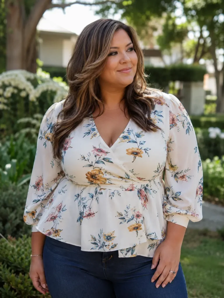 Plus-size woman with layered brunette hair and caramel balayage highlights standing in a sunlit garden. She wears a floral wrap-style blouse and dark jeans