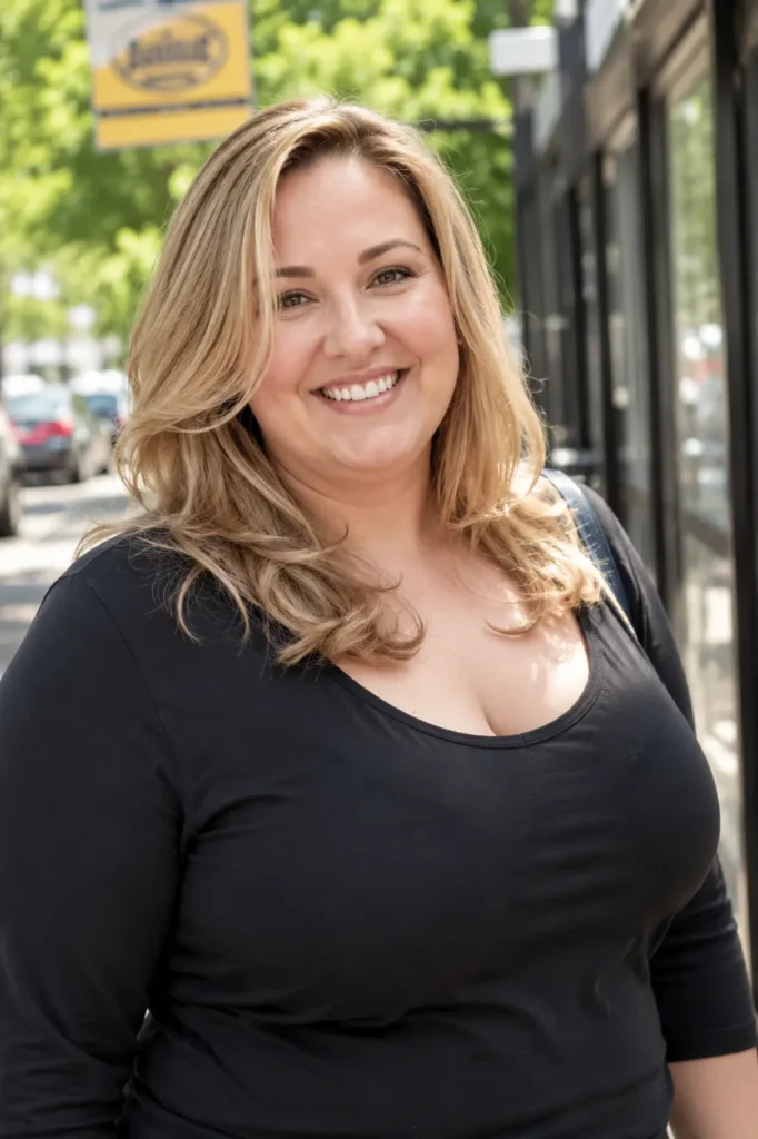 a plus-size English woman aged around 30–45 with a medium-length layered honey blonde hairstyle and softly curled ends
