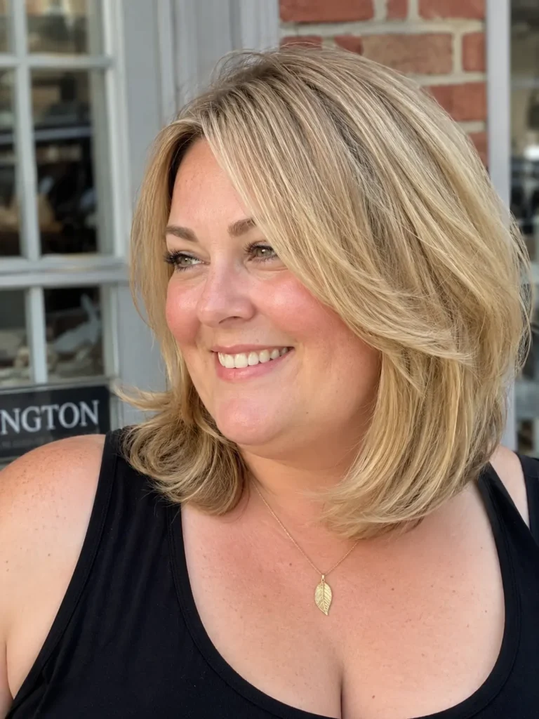 plus-size woman with a layered lob haircut in soft golden blonde, featuring glossy face-framing layers. She smiles naturally in bright outdoor daylight