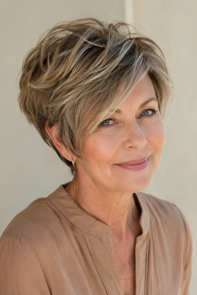 A woman wearing a layered long pixie haircut with elegant face-framing pieces and a modest light brown blouse.
