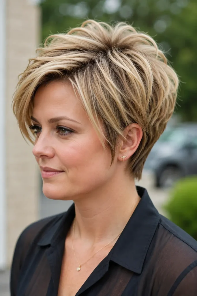 woman with a round face and a layered pixie bob haircut featuring voluminous crown height and textured top layers