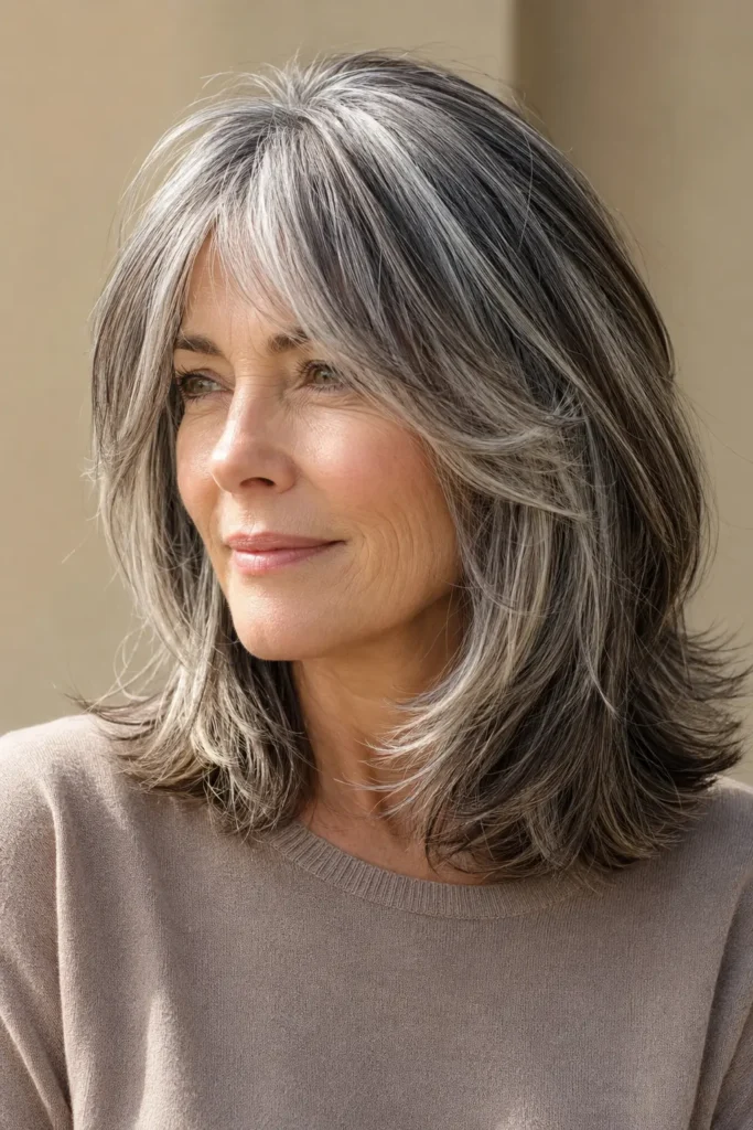 an English woman aged 52–67 with a layered salt and pepper lob and soft curtain bangs. Her silky hair blends silver, white, and charcoal tones with a glossy shine under bright natural daylight