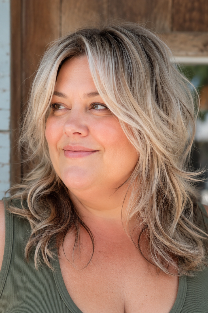 plus-size woman with a medium layered shag hairstyle styled in soft waves and ash blonde hair, photographed outdoors in bright natural daylight