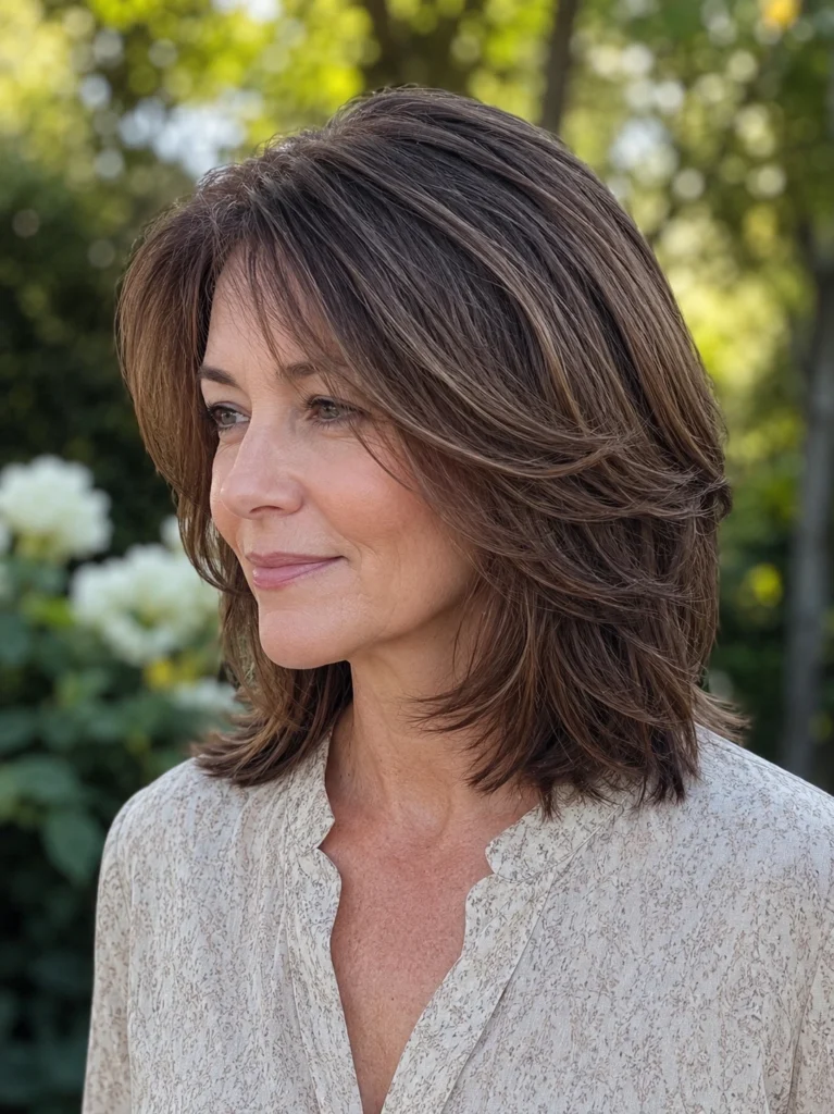 Close-up portrait of a real woman aged 40–55 with a layered shoulder-length haircut featuring soft face-framing layers. Her hairstyle is the main focus, showing detailed texture, volume, and movement. She wears a modest light-colored blouse