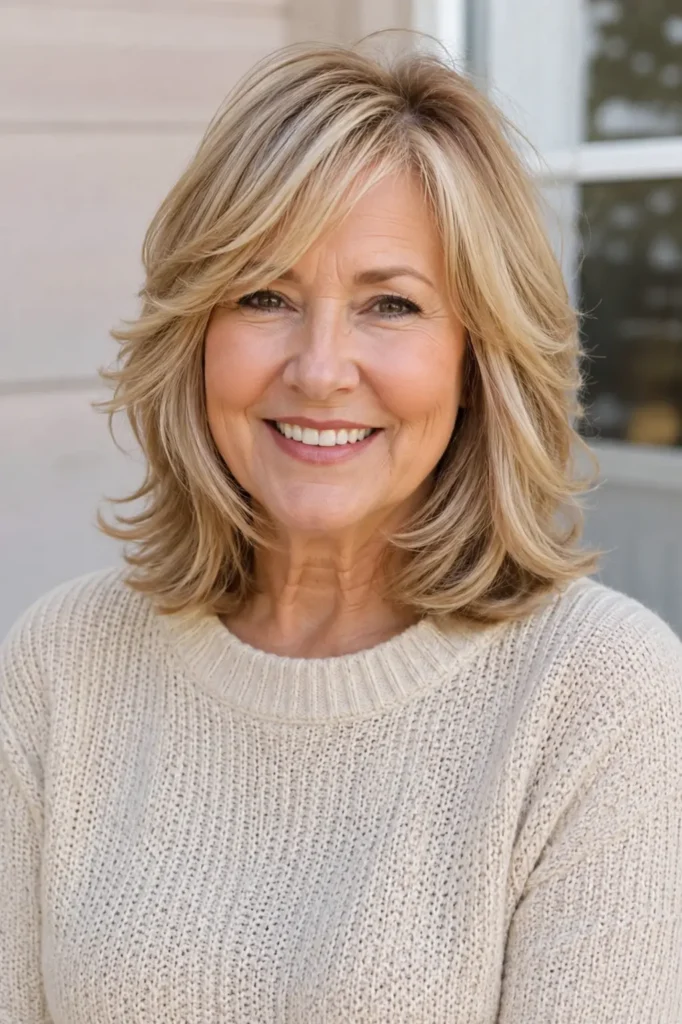 woman aged 52–60 with a layered shoulder-length haircut featuring soft feathered ends, smiling warmly in bright outdoor daylight.