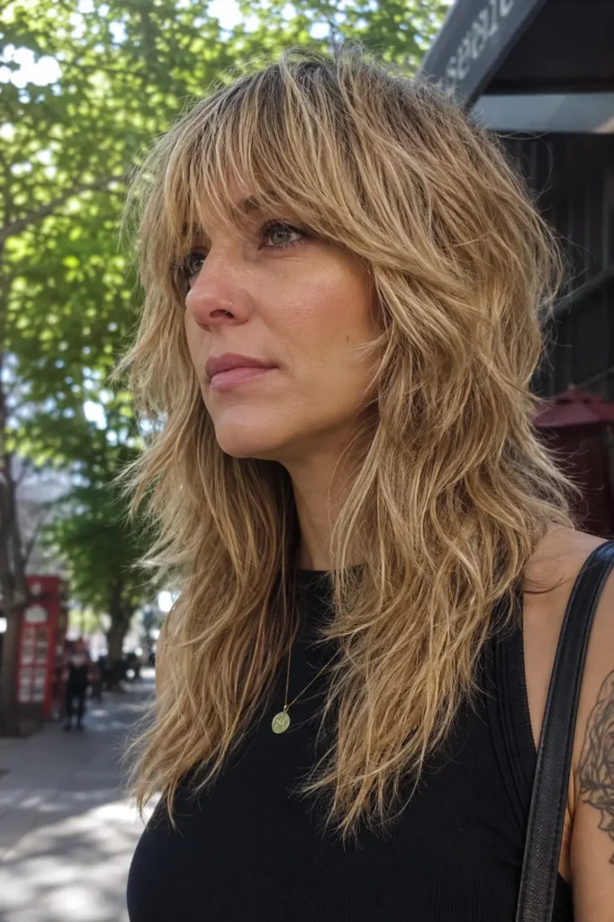 Realistic vertical portrait of an everyday English woman with natural golden blonde hair styled in a layered wolf cut with choppy texture. The hairstyle dominates the frame, showing soft volume, tousled layers, and visible movement in bright daylight