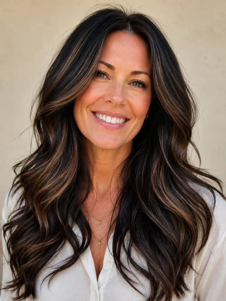 Long black hair with elegant cocoa brown highlights on a real English woman, photographed in bright natural daylight against a cream background, showcasing glossy, silky strands and realistic hair texture in a DSLR-style portrait.