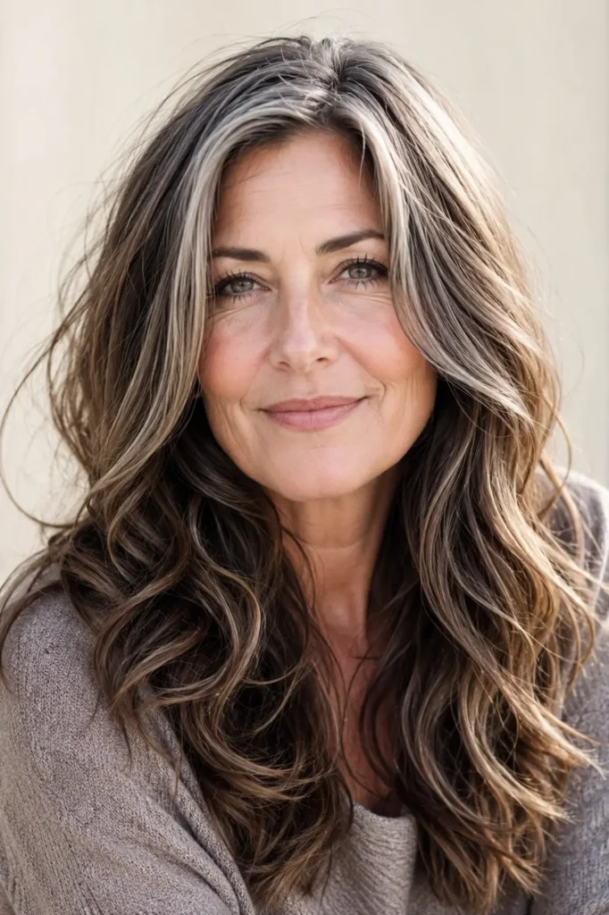 an English woman aged 45–60 with long brown hair featuring silver highlights in soft loose waves, wearing a modest taupe sweater against a soft cream background with glossy, healthy hair in bright natural daylight.