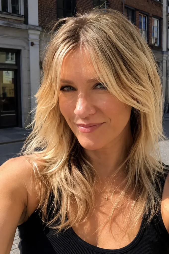 Close-up vertical portrait of a real English woman with long choppy layered blonde hair and soft face-framing layers. Her light golden blonde hair features natural texture, visible movement, and detailed layered ends that catch the warm outdoor sunlight.