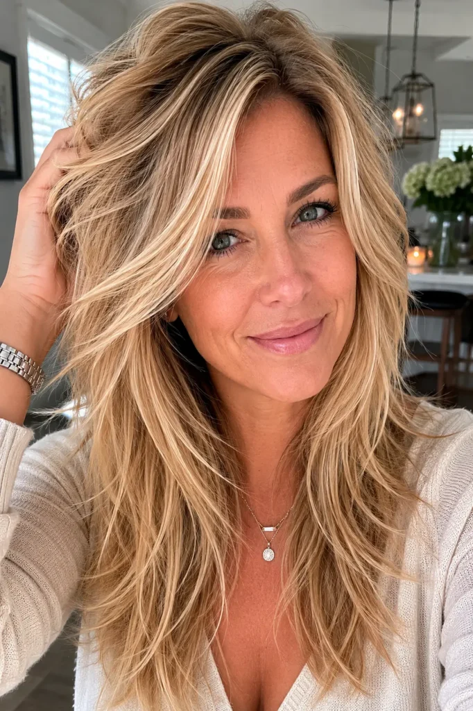 a **Alt text:**
Woman with long choppy layered honey blonde hair and crown volume in natural daylight, showcasing soft texture, lifted roots, and a realistic everyday look.
