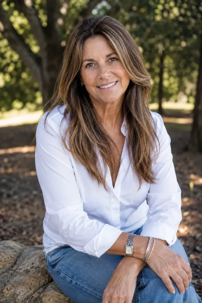 woman aged 50–65 with long layered brown hair and caramel highlights, smiling naturally while sitting outdoors in a sunny park. She wears a casual white blouse and jeans, showcasing healthy, voluminous hair with realistic mature facial features