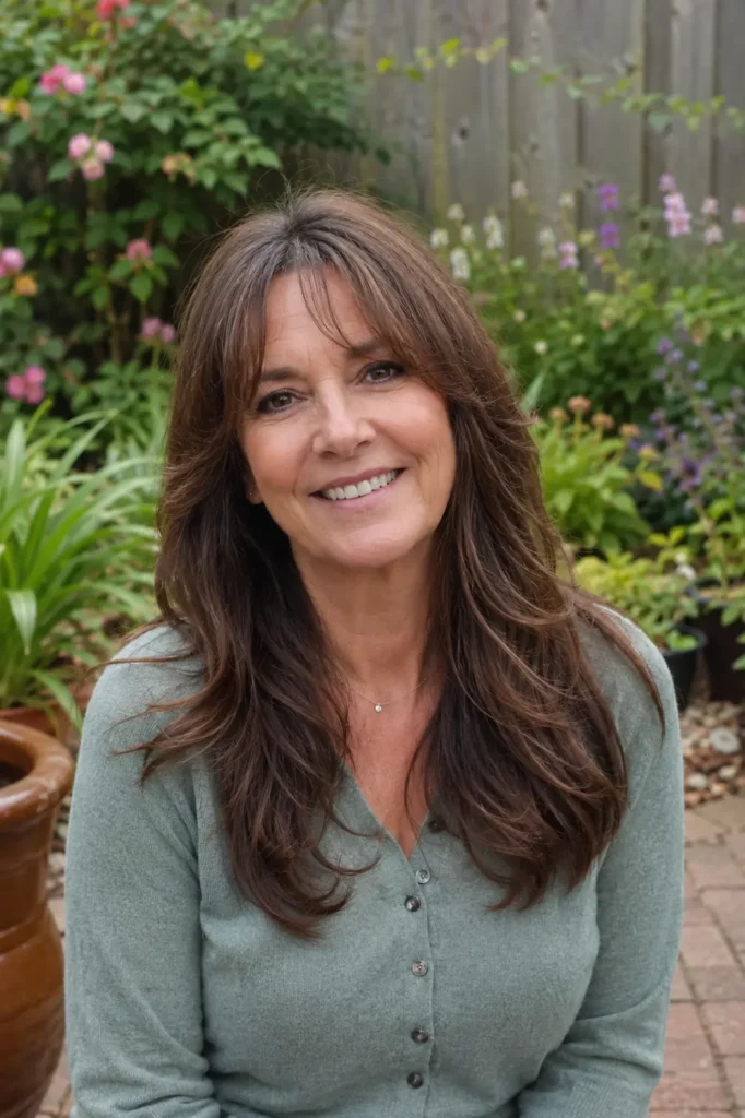 **Alt Text:** Mature woman with long chestnut brown hair and soft curtain bangs standing in a garden, wearing a casual cardigan, with natural daylight highlighting her realistic features and healthy hair texture.

