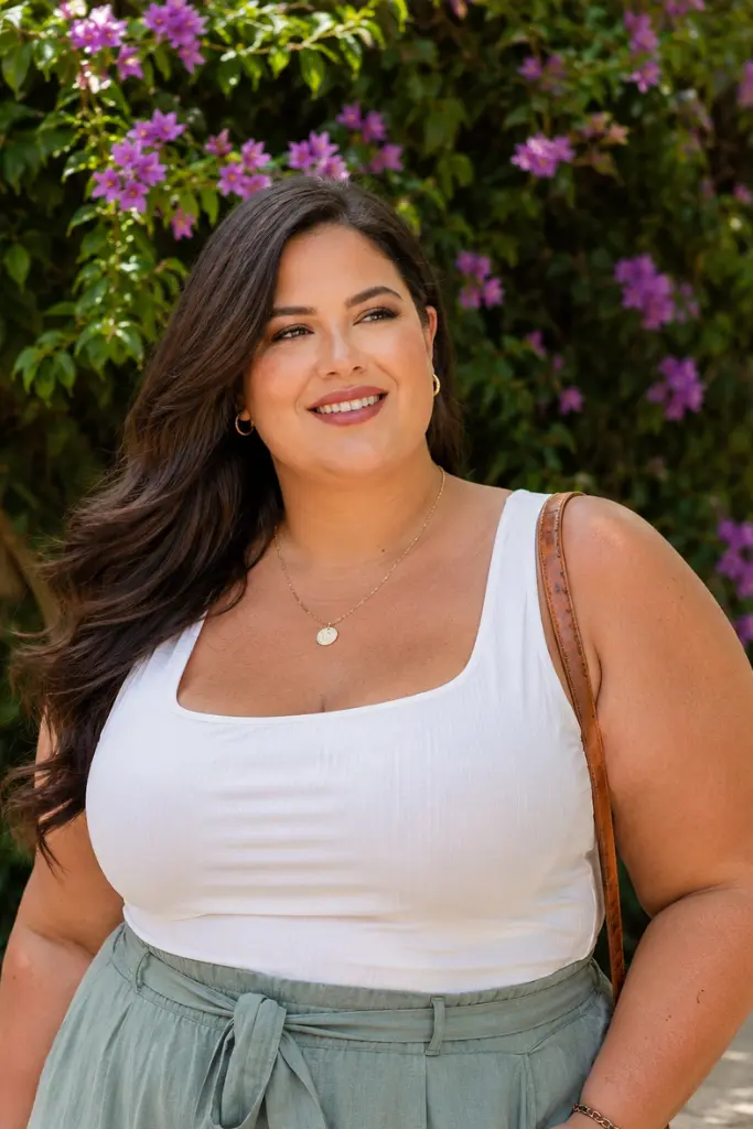 Plus size woman with long glossy dark brown hair styled in a deep side part, wearing a white sleeveless top and sage green pants, standing in a sunlit garden with purple flowers