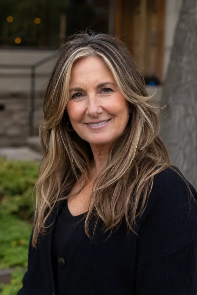 woman aged 50–65 with long brunette hair featuring face-framing blonde highlights, standing outdoors in natural daylight. She wears a casual elegant black cardigan and jeans