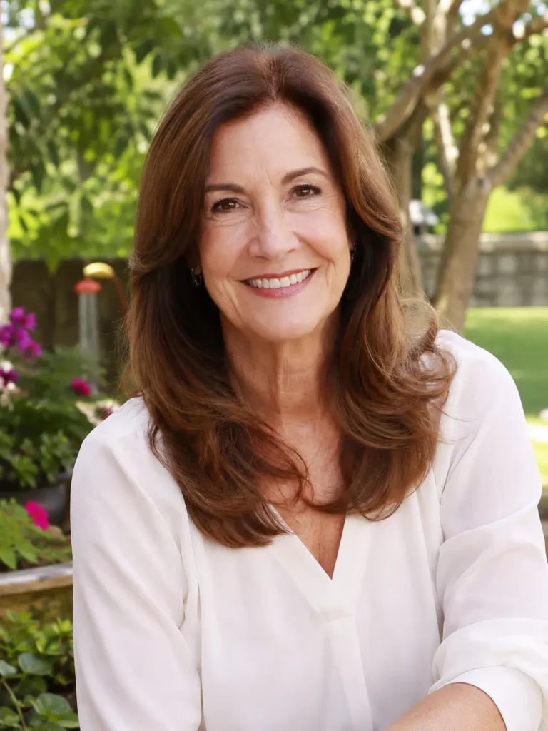 Mature woman aged 55–65 with long warm brunette hair styled with soft flipped ends, smiling outdoors in a sunlit garden. She wears an elegant light blouse and showcases healthy, voluminous hair with natural texture