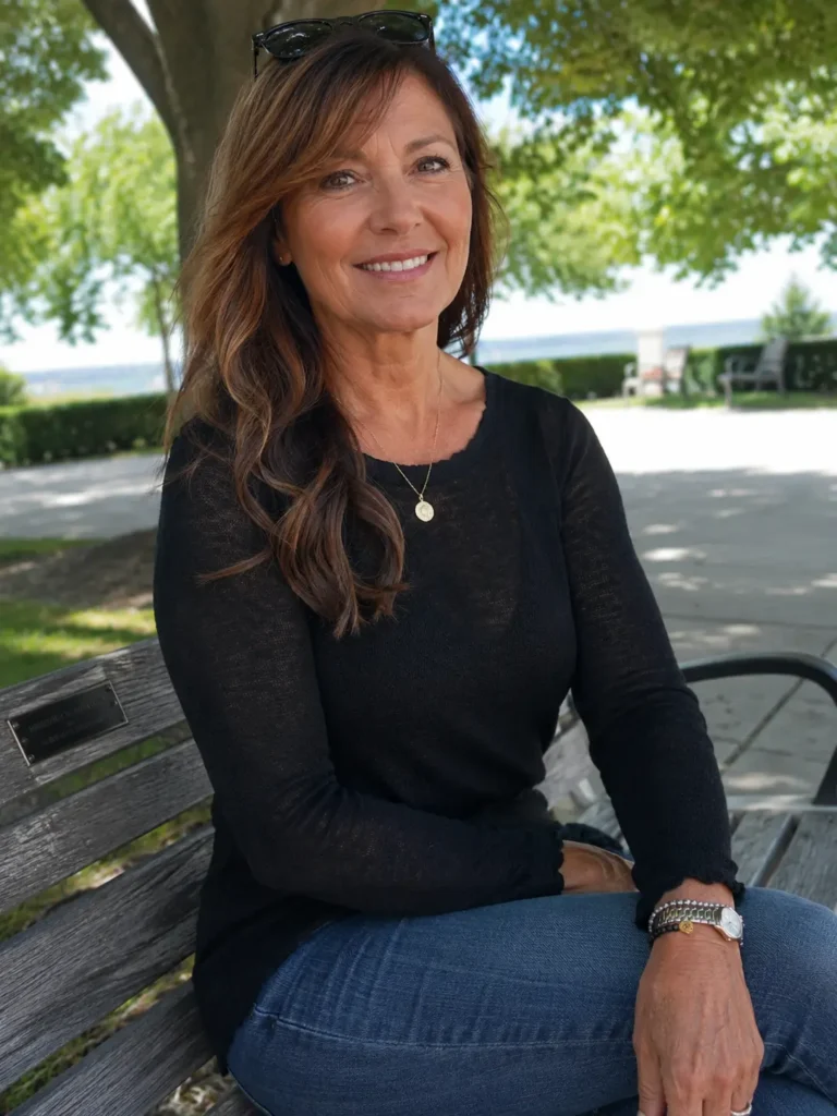 mature woman in her late 50s with long warm brunette hair and side-swept bangs, sitting on a park bench outdoors in natural sunlight. She wears a casual chic black top and jeans