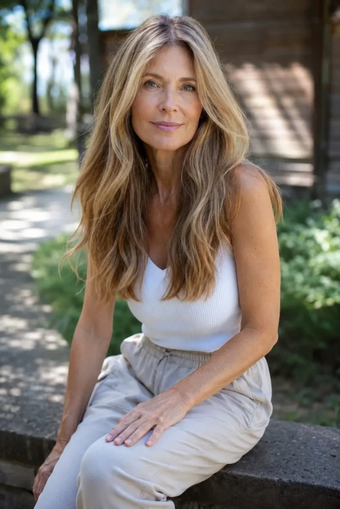 woman aged 50–60 with long balayage hair featuring caramel and honey blonde tones, sitting outdoors in natural sunlight. She has realistic mature facial features, healthy textured hair, and wears an elegant casual outfit.