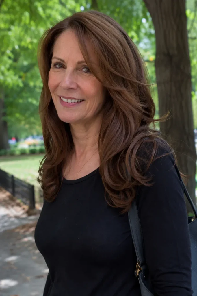 woman aged 50–65 with long chestnut brown hair styled in soft curls, standing outdoors in a park. She has natural mature features, realistic skin texture, and a warm smile. Wearing a simple black top, she poses in natural daylight with healthy