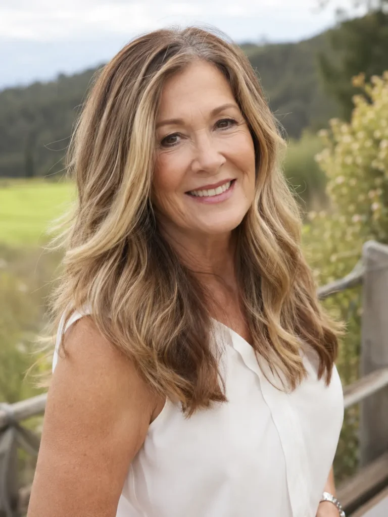 woman aged 55–65 with long balayage waves featuring soft caramel and beige blonde tones, standing outdoors in natural daylight. Her healthy, voluminous hair falls in loose waves around her shoulders. She wears a casual elegant sleeveless white blouse and smiles warmly at the camera