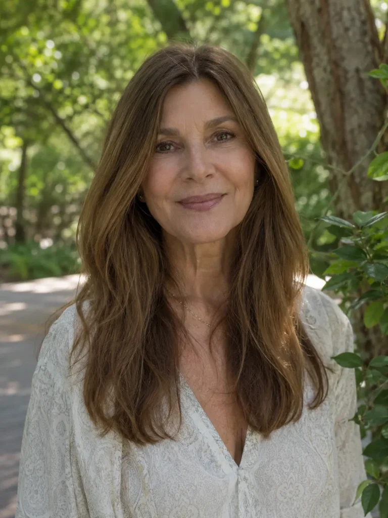 woman aged 55–65 with long center-parted brunette hair standing outdoors in a natural park setting. She wears a light elegant blouse and has realistic mature features, natural skin texture, and healthy, softly layered hair