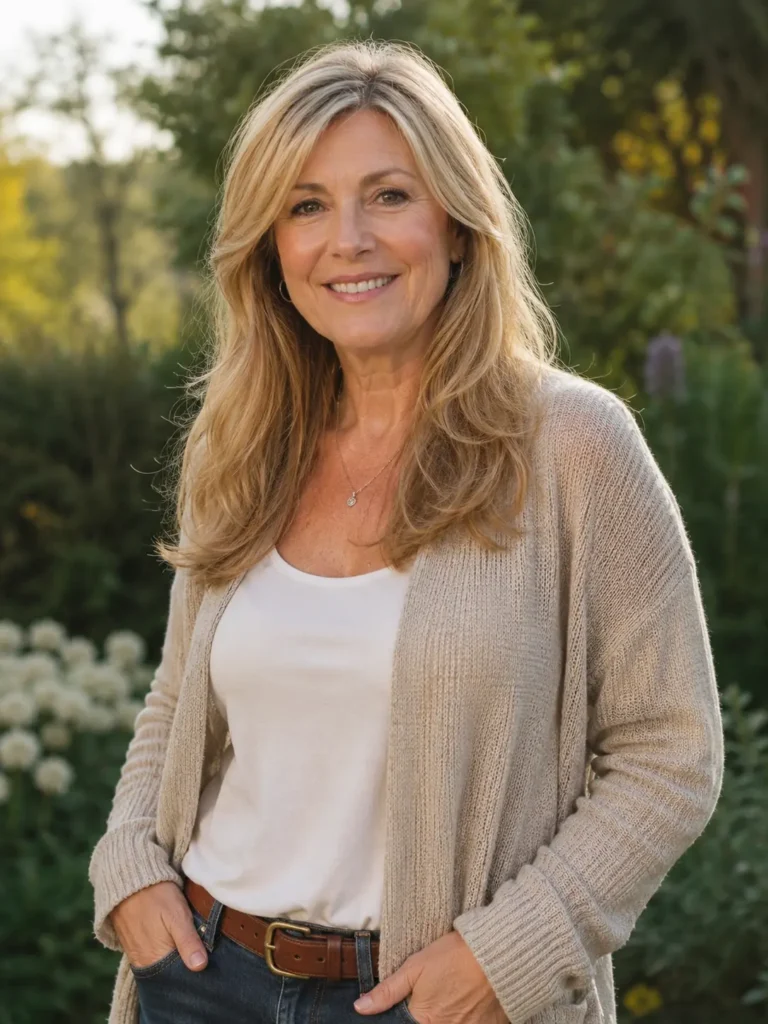 woman in her 50s with long layered honey blonde hair standing outdoors in soft sunlight. She wears a casual elegant beige cardigan over a light top, with natural mature features, healthy hair texture, and a warm smile.