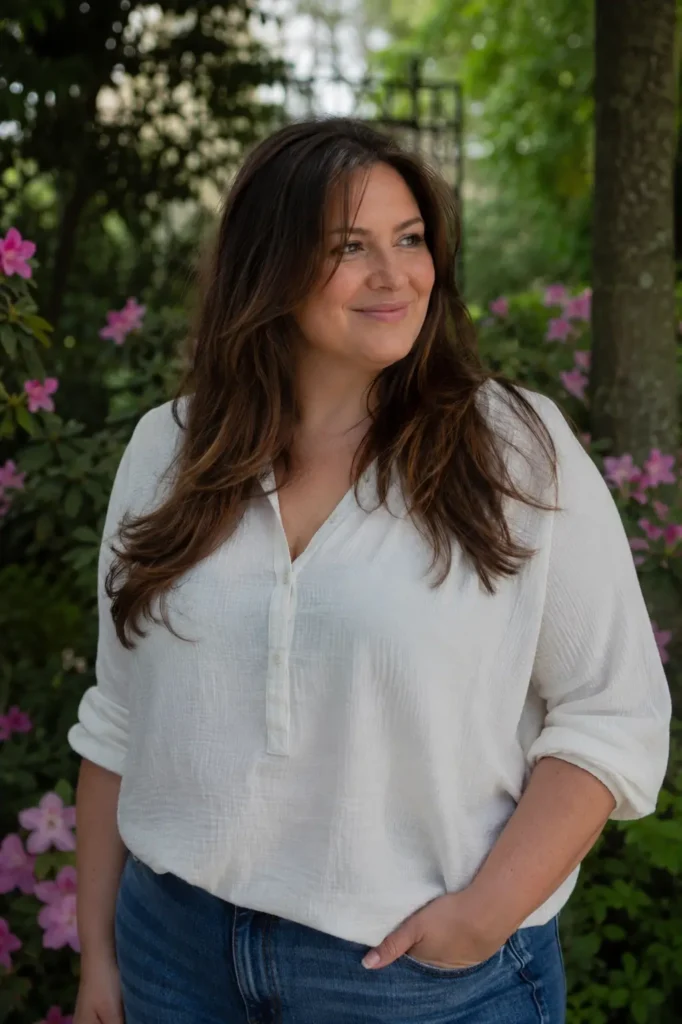 **Alt Text:**
Plus-size woman aged 30–45 with long layered brunette hair and face-framing pieces, wearing a casual white blouse and jeans, standing in a blooming garden. Natural skin texture, soft smile, and realistic features captured in soft daylight with the hairstyle 