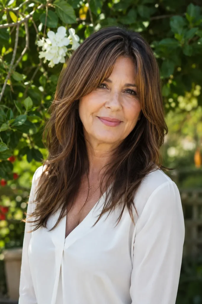 Mature woman with long layered brunette hair and soft face-framing layers, standing in a sunlit garden. Her natural-looking highlights add dimension, while the hairstyle falls gracefully past her shoulders, creating a youthful and elegant appearance.