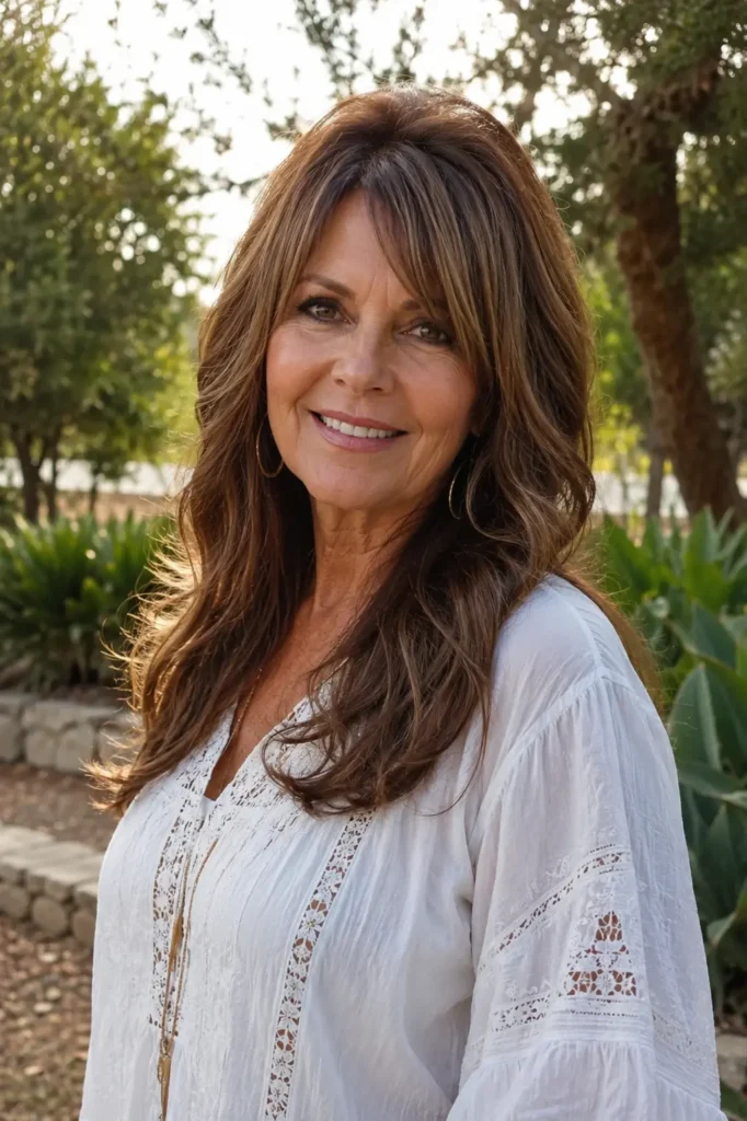 woman aged 55–70 with long layered warm brown hair and subtle highlights, styled with crown volume, smiling outdoors in a garden. Natural daylight highlights her realistic mature features, healthy hair texture, and authentic beauty in a casual white blouse
