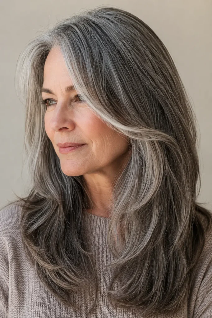 English woman with long layered salt and pepper hair featuring soft face-framing layers. Her naturally blended silver, gray, and charcoal hair looks silky, healthy, and glossy in bright natural daylight