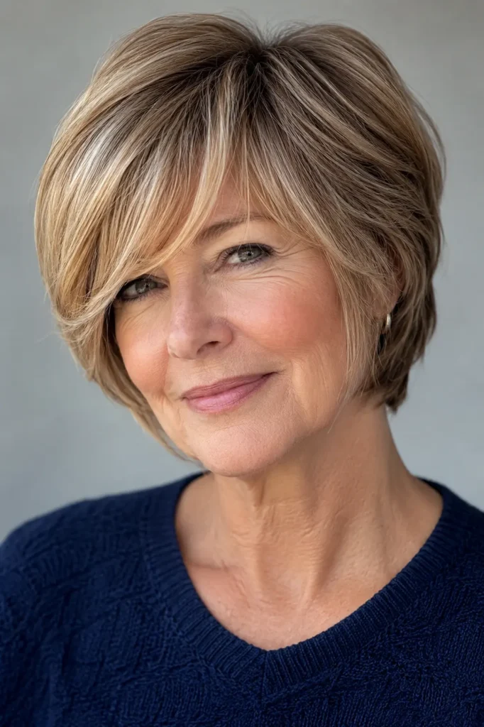 English woman aged around 60 with a glossy long pixie bob featuring soft layered texture and side-swept bangs