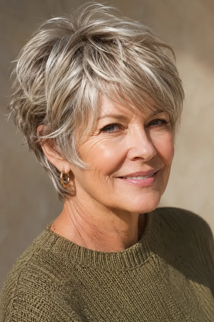 a real English woman aged around 60 with a stylish long pixie haircut featuring choppy layered texture and glossy silver-blonde hair. She wears an olive-green knit sweater