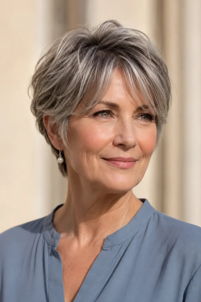 English woman with a long pixie haircut and elegant curtain bangs, wearing a dusty-blue blouse against a soft cream background.