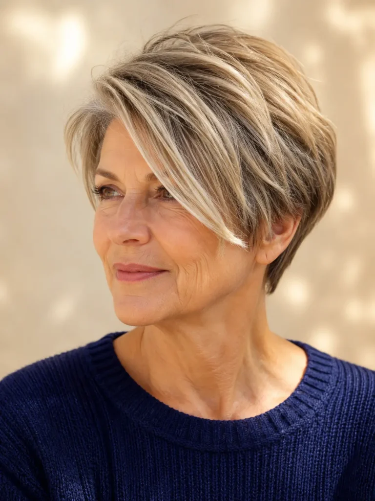 A real English woman aged 57–68 wearing a long pixie haircut with a dramatic deep side part, featuring salon-quality shine and soft layered texture. She wears a modest navy knit sweater