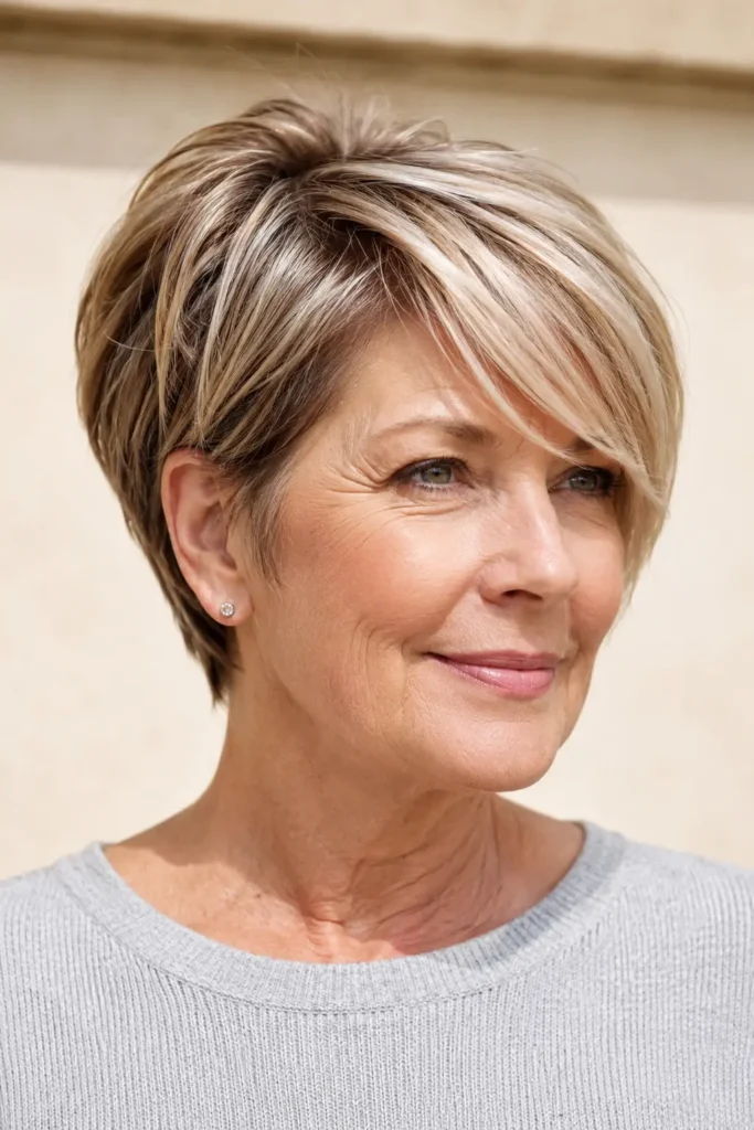 real English woman with a long pixie haircut featuring an elegant side fringe, wearing a light gray sweater, shown in bright natural daylight against a neutral cream background.
