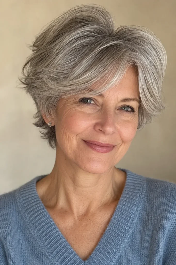 real English woman aged around 60 with a long pixie haircut featuring soft flipped-out ends, glossy silver-gray hair, and a dusty-blue sweater, photographed in bright natural daylight against a soft beige background.